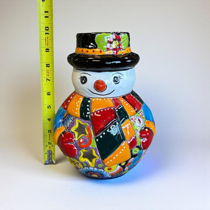 Hand Painted Talavera Multicolor Snowman Christmas Luminary Decor