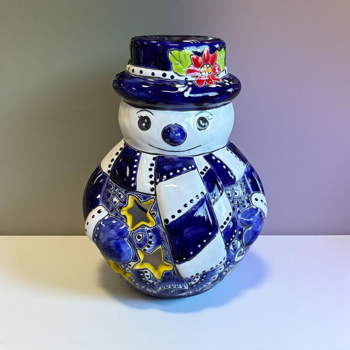 Hand Painted Talavera Blue & White Snowman Christmas Luminary Decor