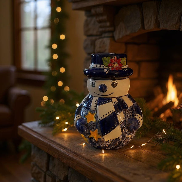 Hand Painted Talavera Blue & White Snowman Christmas Luminary Decor