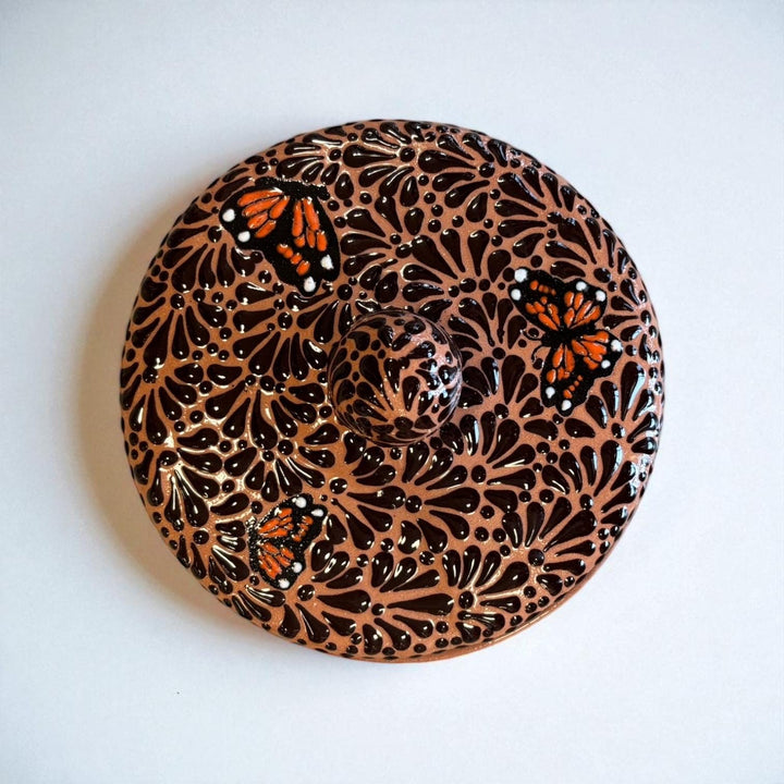 Hand Painted Rustic Talavera Brown and Dark Chocolate Monarch Butterfly “Tortillero” (Cielito Lindo Inspired)