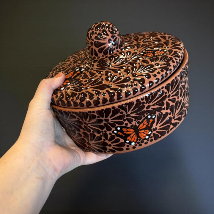 Hand Painted Rustic Talavera Brown and Dark Chocolate Monarch Butterfly “Tortillero” (Cielito Lindo Inspired)