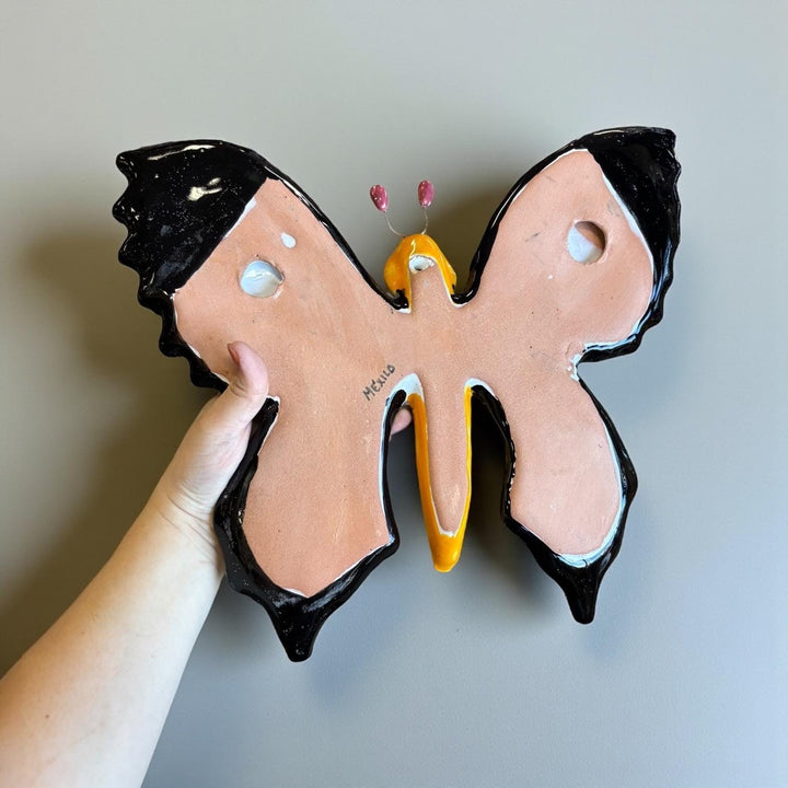 Beautiful Hand Painted Mexican Talavera Folkart Butterfly Wall Decor, Blk