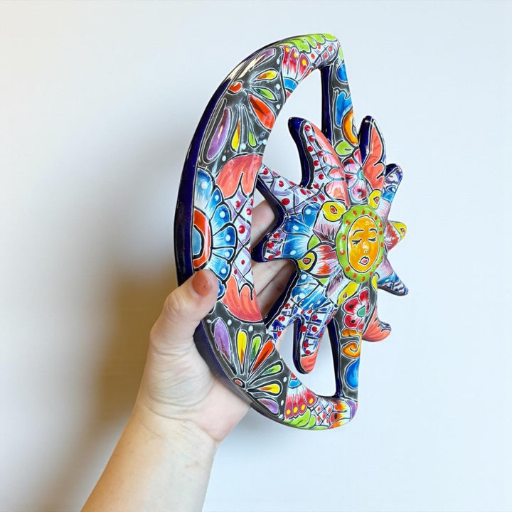 Beautiful Hand Painted Talavera Rustic Sleeping Sun & Crescent Moon Garden Wall Decor – Assorted Designs