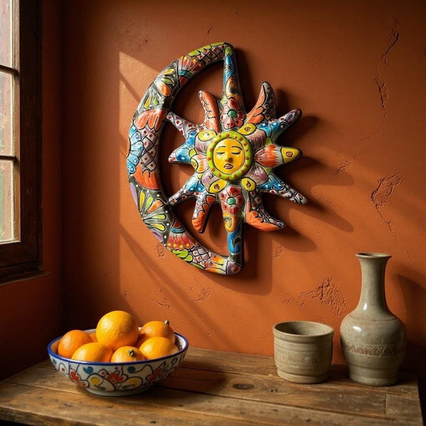 Beautiful Hand Painted Talavera Rustic Sleeping Sun & Crescent Moon Garden Wall Decor – Assorted Designs