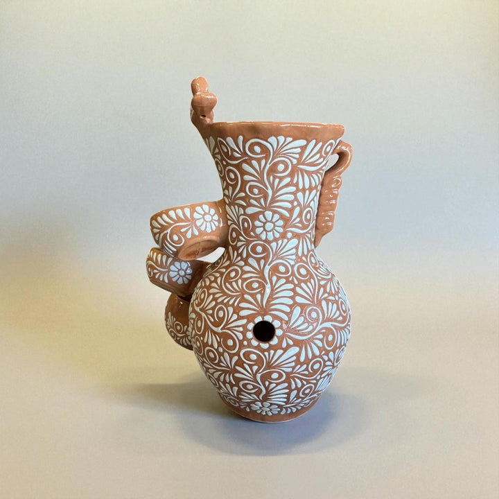 Beautiful Hand-Painted Talavera Rustic Beige Brown & White Tabletop Water Fountain – Free Shipping (Contiguous U.S. Only)