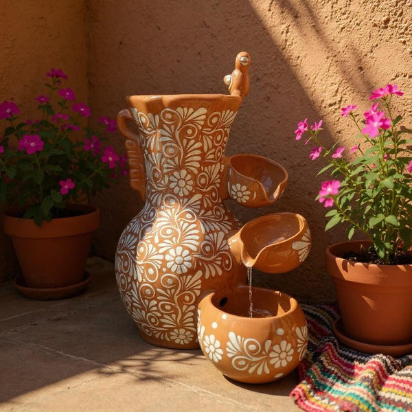 Beautiful Hand-Painted Talavera Rustic Beige Brown & White Tabletop Water Fountain – Free Shipping (Contiguous U.S. Only)