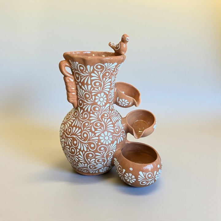 Beautiful Hand-Painted Talavera Rustic Beige Brown & White Tabletop Water Fountain – Free Shipping (Contiguous U.S. Only)