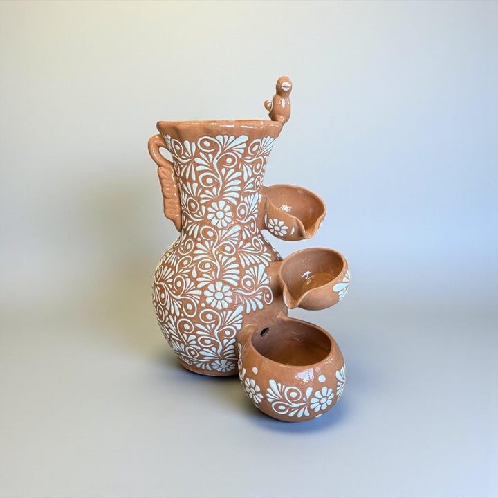 Beautiful Hand-Painted Talavera Rustic Beige Brown & White Tabletop Water Fountain – Free Shipping (Contiguous U.S. Only)