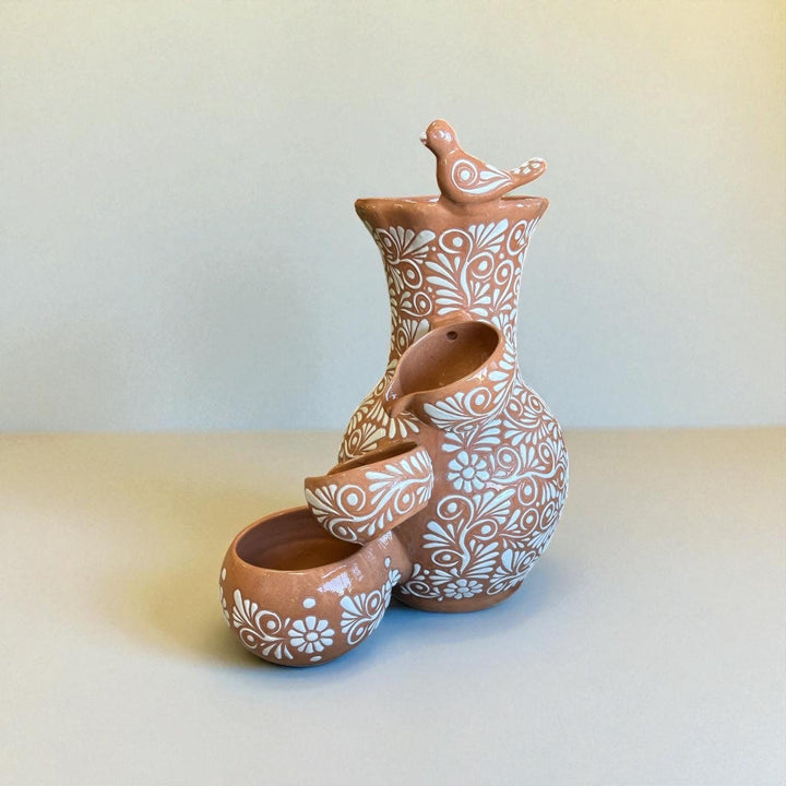 Beautiful Hand-Painted Talavera Rustic Beige Brown & White Tabletop Water Fountain – Free Shipping (Contiguous U.S. Only)