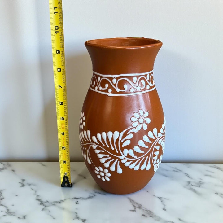Hand Painted Mexican Ceramic Brown and White Rustic Vase