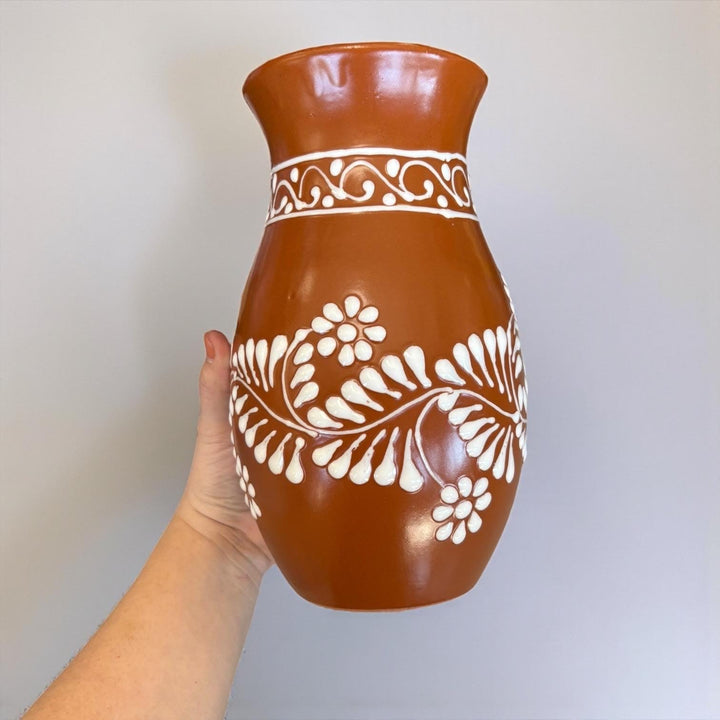 Hand Painted Mexican Ceramic Brown and White Rustic Vase