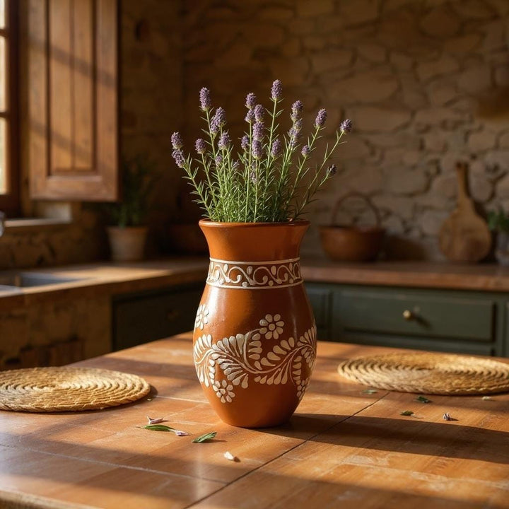 Hand Painted Mexican Ceramic Brown and White Rustic Vase