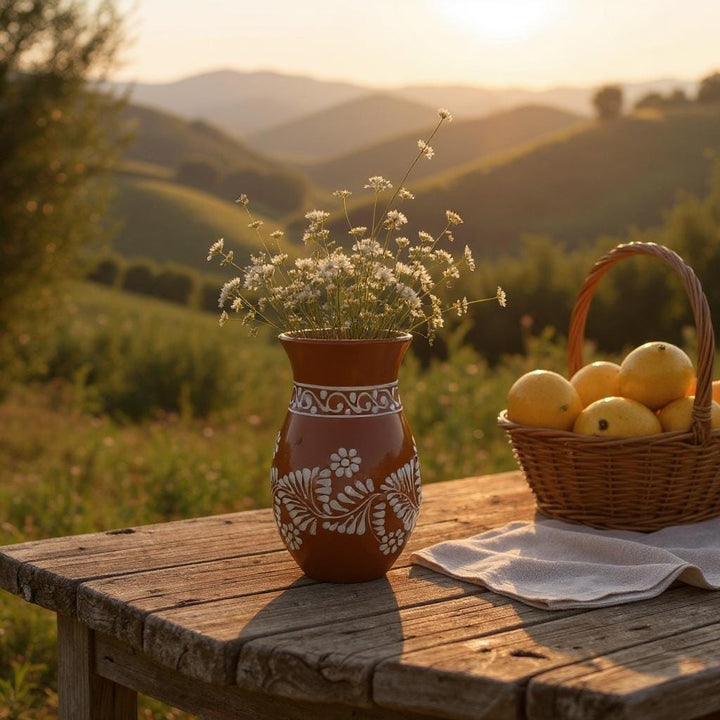 Hand Painted Mexican Ceramic Brown and White Rustic Vase