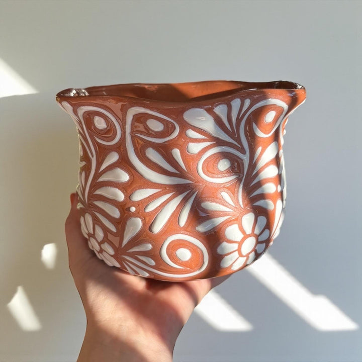 Handpainted Mexican Talavera Scalloped Rim Planter Pot, Rustic Brown White Floral Vines, Tabletop Small