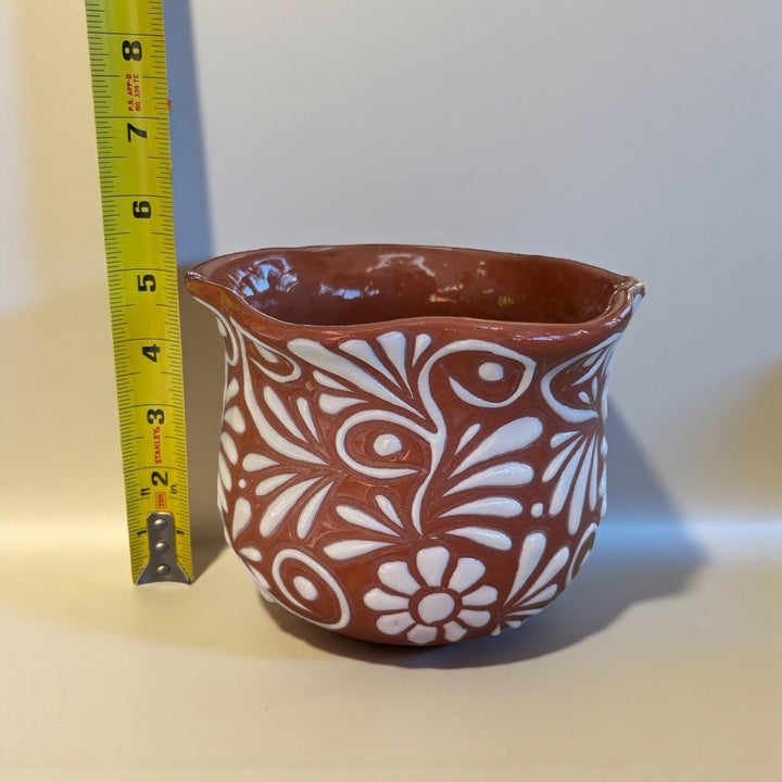 Handpainted Mexican Talavera Scalloped Rim Planter Pot, Rustic Brown White Floral Vines, Tabletop Small