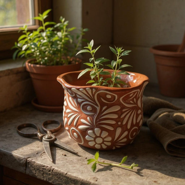 Handpainted Mexican Talavera Scalloped Rim Planter Pot, Rustic Brown White Floral Vines, Tabletop Small