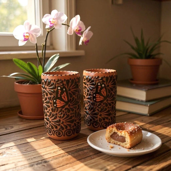 Beautiful Hand Painted Brown & Dark Chocolate Butterfly Talavera Tumbler (Cielito Lindo Inspired), Set of 2