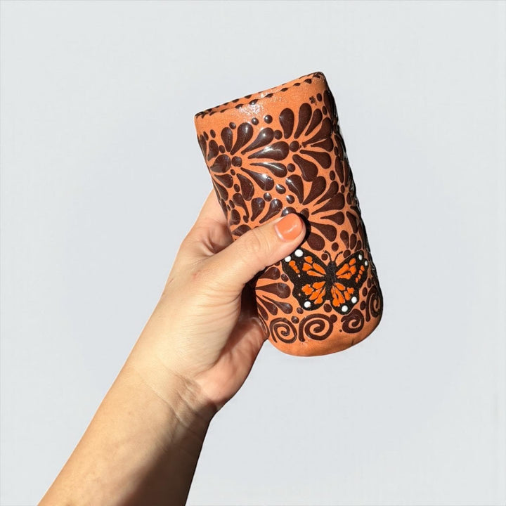 Beautiful Hand Painted Brown & Dark Chocolate Butterfly Talavera Tumbler (Cielito Lindo Inspired), Set of 2
