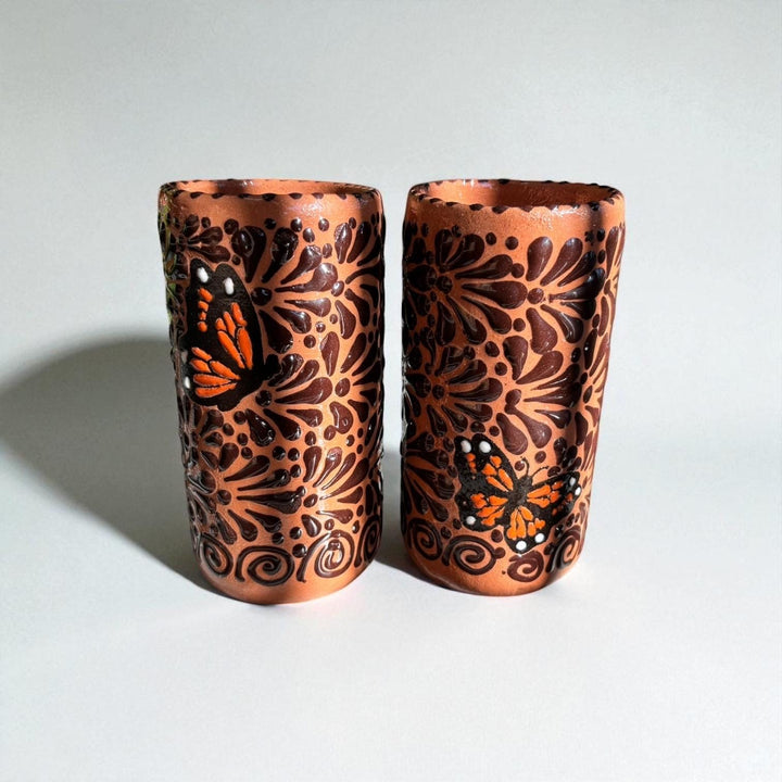 Beautiful Hand Painted Brown & Dark Chocolate Butterfly Talavera Tumbler (Cielito Lindo Inspired), Set of 2