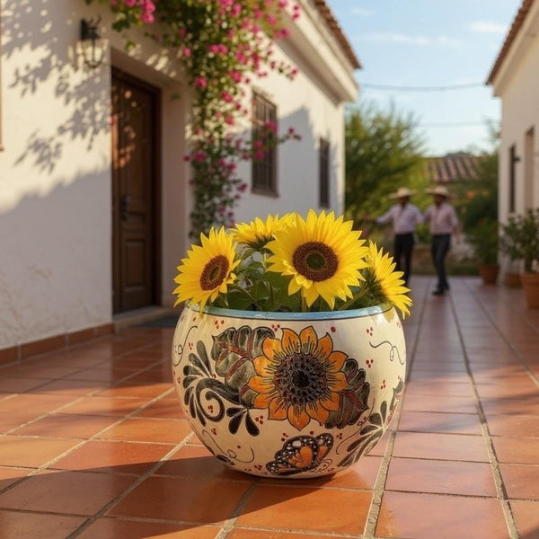 Handpainted Mexican Talavera Round Planter, Light Ivory Yellow Butterfly Sunflower Design – Free Shipping (Contiguous U.S. Only)