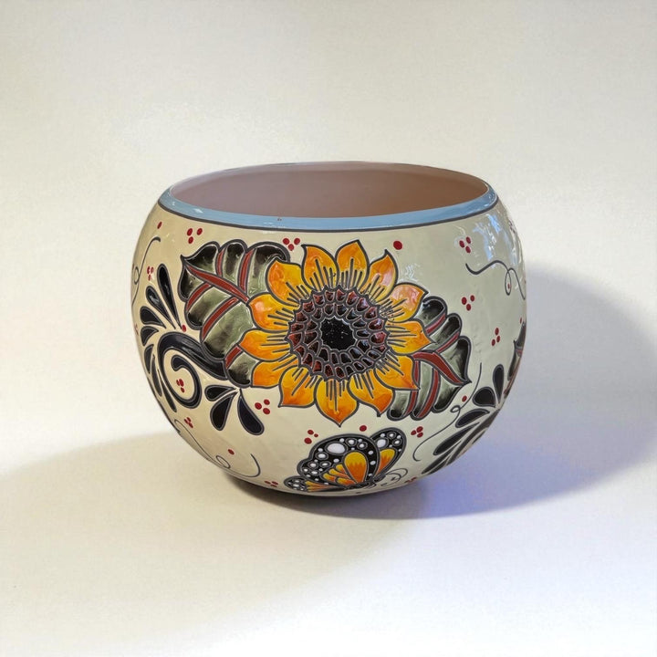 Handpainted Mexican Talavera Round Planter, Light Ivory Yellow Butterfly Sunflower Design – Free Shipping (Contiguous U.S. Only)