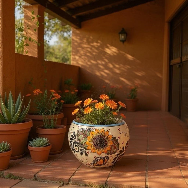 Handpainted Mexican Talavera Round Planter, Light Ivory Yellow Butterfly Sunflower Design – Free Shipping (Contiguous U.S. Only)