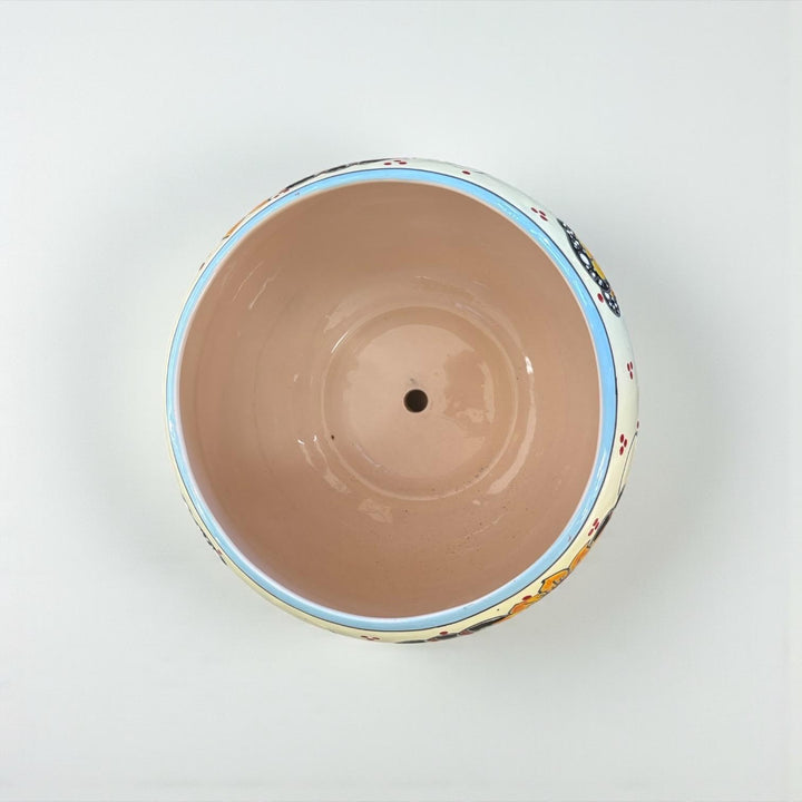 Handpainted Mexican Talavera Round Planter, Light Ivory Yellow Butterfly Sunflower Design – Free Shipping (Contiguous U.S. Only)