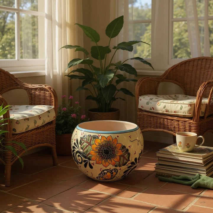 Handpainted Mexican Talavera Round Planter, Light Ivory Yellow Butterfly Sunflower Design – Free Shipping (Contiguous U.S. Only)