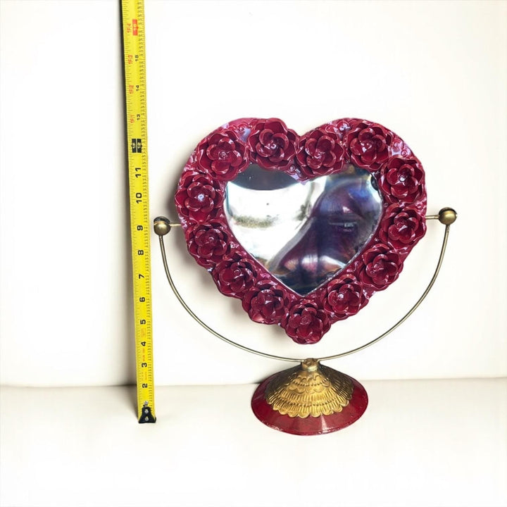 Handmade Mexican Red & Gold Tin Heart Rose Standing Mirror