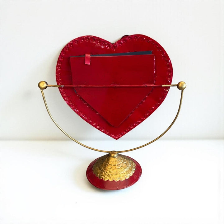 Handmade Mexican Red & Gold Tin Heart Rose Standing Mirror