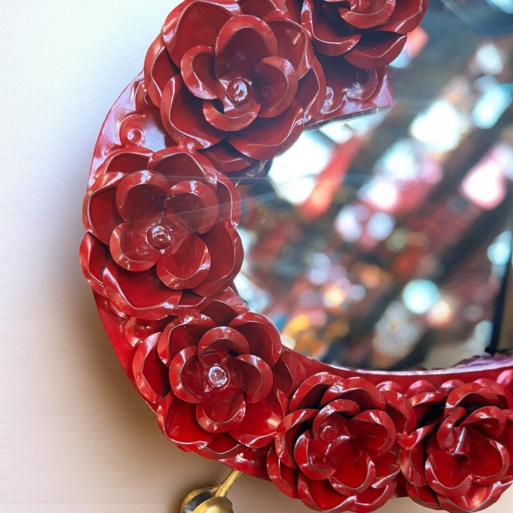 Handmade Mexican Red & Gold Tin Heart Rose Standing Mirror