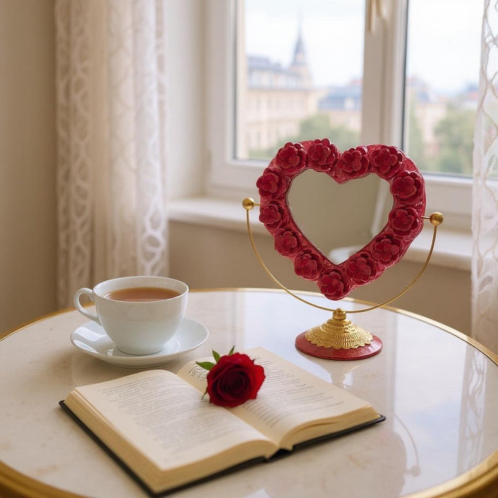 Handmade Mexican Red & Gold Tin Heart Rose Standing Mirror