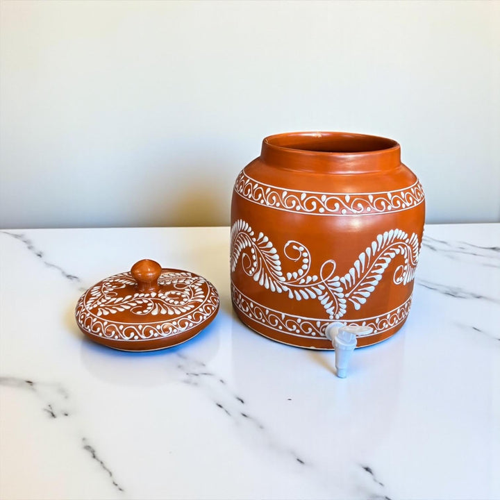 Beautiful Hand Painted Rustic Brown & White Floral Vines Water Dispenser “Portagarrafon” – Free Shipping (Contiguous U.S. Only)