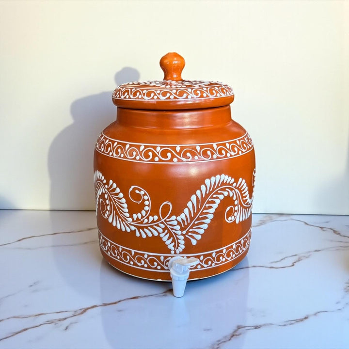 Beautiful Hand Painted Rustic Brown & White Floral Vines Water Dispenser “Portagarrafon” – Free Shipping (Contiguous U.S. Only)