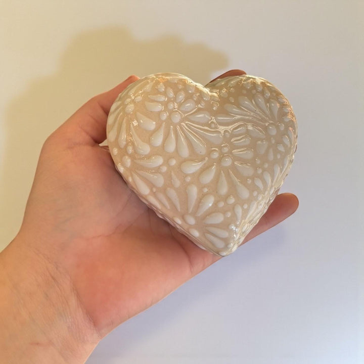 Hand Painted Ivory and White Talavera Heart Jewelry Trinket Box