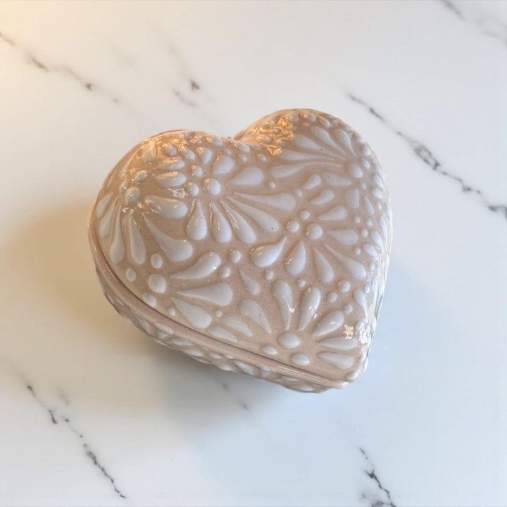 Hand Painted Ivory and White Talavera Heart Jewelry Trinket Box