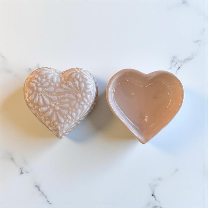 Hand Painted Ivory and White Talavera Heart Jewelry Trinket Box