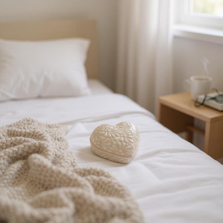 Hand Painted Ivory and White Talavera Heart Jewelry Trinket Box