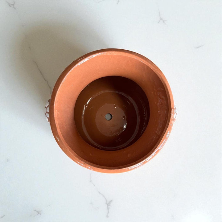 Handpainted Mexican Talavera Planter Pot with Handles, Rustic Brown White Floral Vines – Free Shipping (Contiguous U.S. Only)