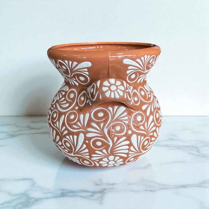 Handpainted Mexican Talavera Planter Pot with Handles, Rustic Brown White Floral Vines – Free Shipping (Contiguous U.S. Only)