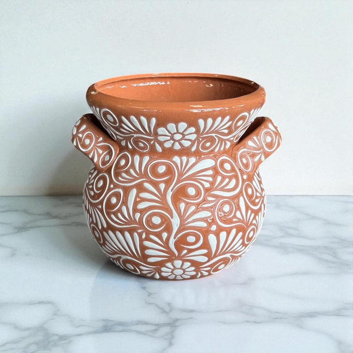 Handpainted Mexican Talavera Planter Pot with Handles, Rustic Brown White Floral Vines – Free Shipping (Contiguous U.S. Only)