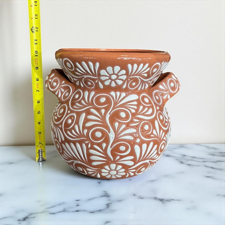 Handpainted Mexican Talavera Planter Pot with Handles, Rustic Brown White Floral Vines – Free Shipping (Contiguous U.S. Only)
