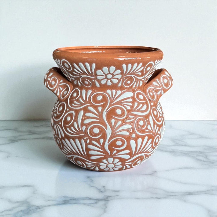 Handpainted Mexican Talavera Planter Pot with Handles, Rustic Brown White Floral Vines – Free Shipping (Contiguous U.S. Only)