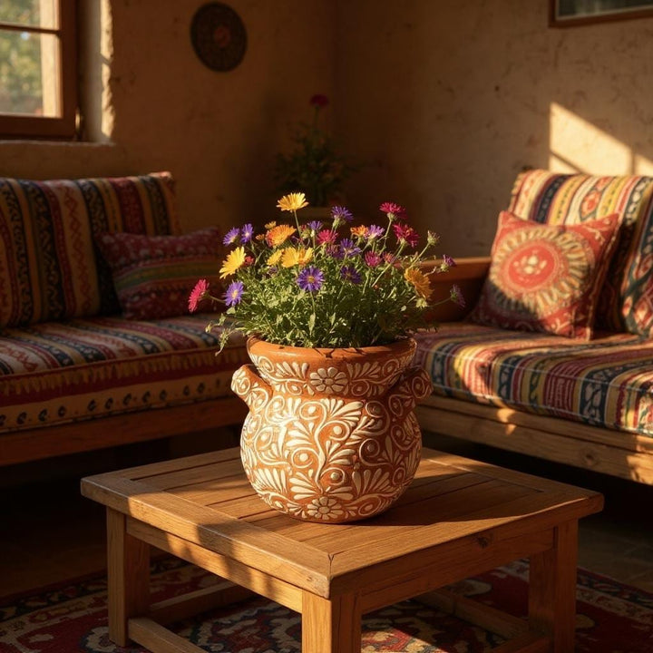 Handpainted Mexican Talavera Planter Pot with Handles, Rustic Brown White Floral Vines – Free Shipping (Contiguous U.S. Only)