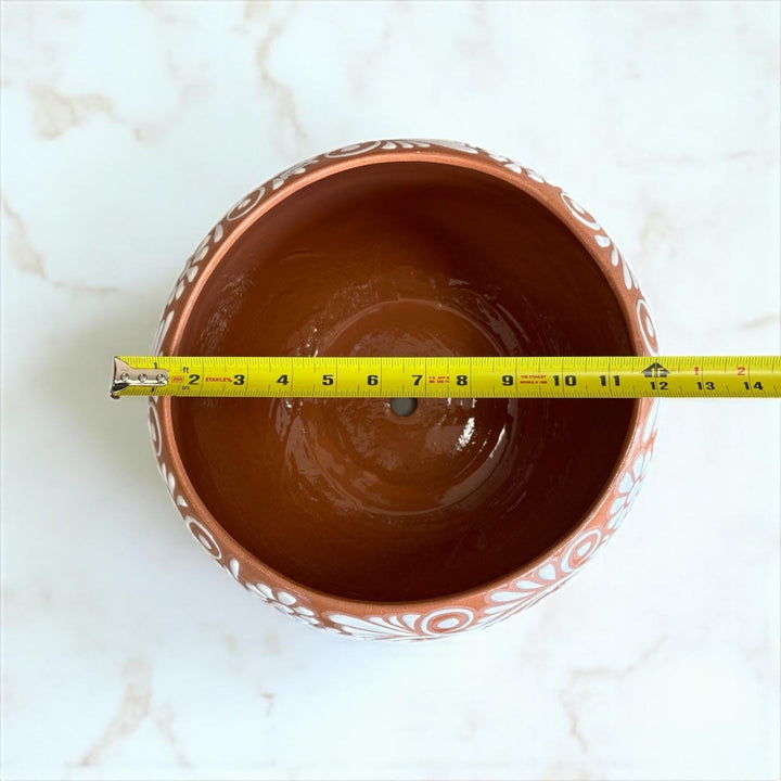 Handpainted Mexican Talavera Round Planter Pot, Rustic Brown White Floral Vines – Free Shipping (Contiguous U.S. Only)