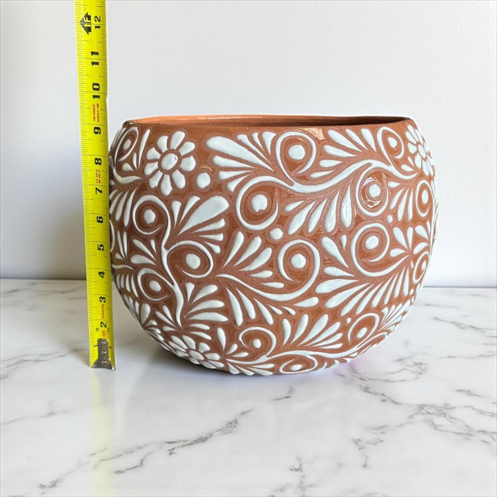 Handpainted Mexican Talavera Round Planter Pot, Rustic Brown White Floral Vines – Free Shipping (Contiguous U.S. Only)