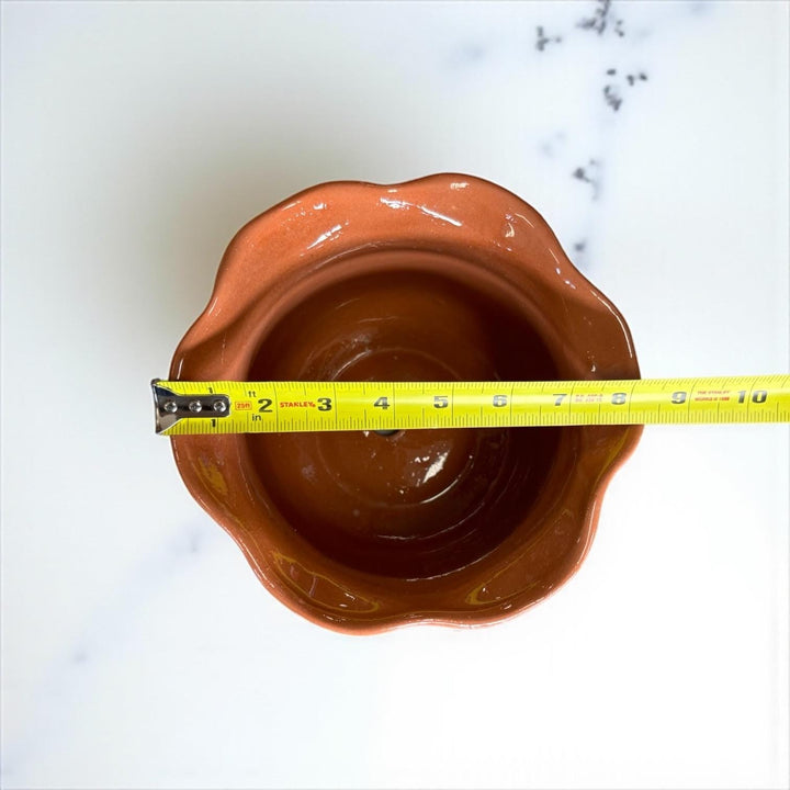 Handpainted Mexican Talavera Scalloped Rim Planter Pot, Rustic Brown White Floral Vines, Tabletop Medium