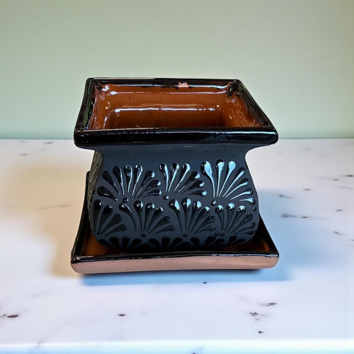 Hand Painted Mexican Black Clay and Black Square Planter Pot on Saucer (Cielito Lindo Inspired), Tabletop Medium