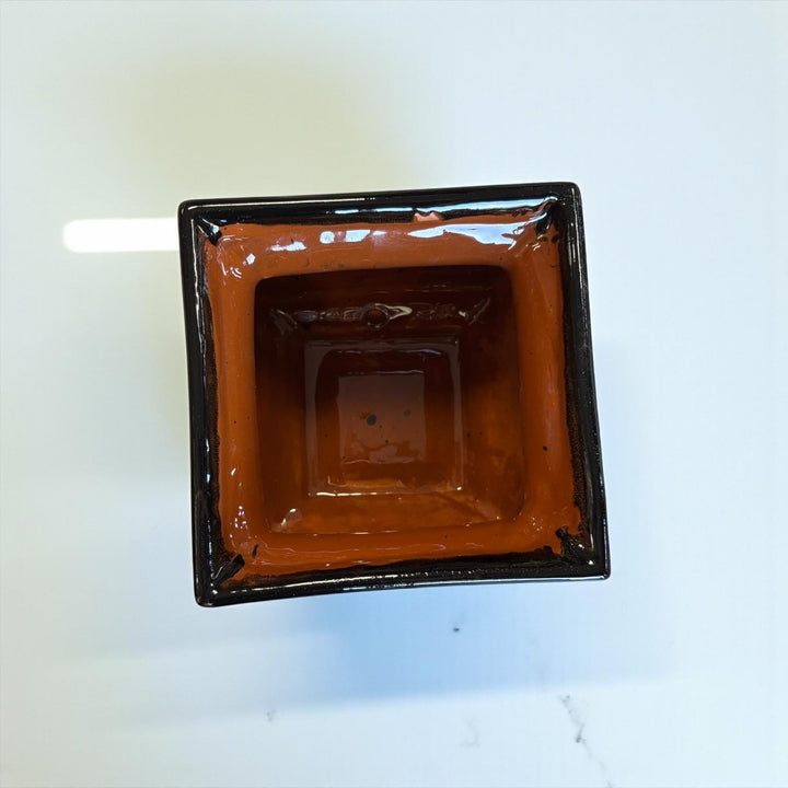Hand Painted Mexican Black Clay and Black Square Planter Pot on Saucer (Cielito Lindo Inspired), Tabletop Medium