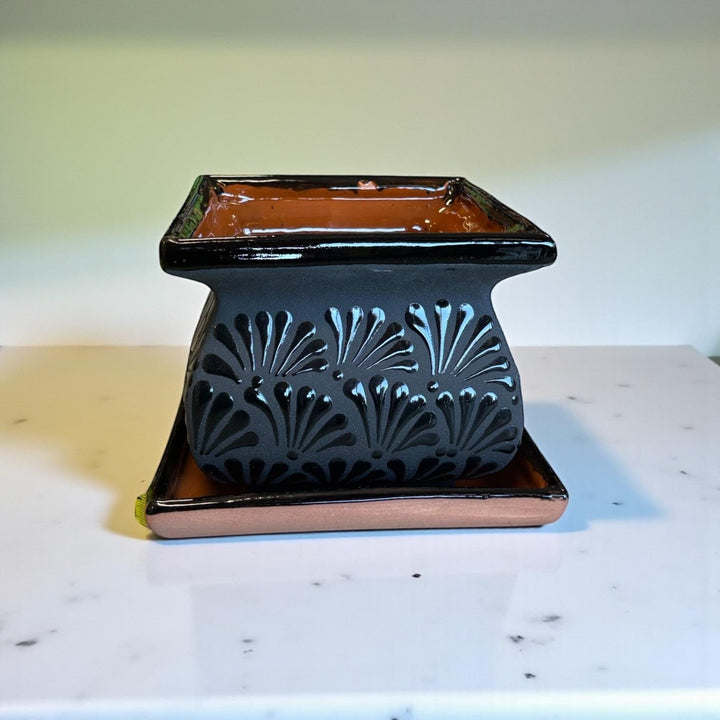 Hand Painted Mexican Black Clay and Black Square Planter Pot on Saucer (Cielito Lindo Inspired), Tabletop Medium